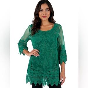 Ultra Pink Green Mesh Crochet Embroidery Top